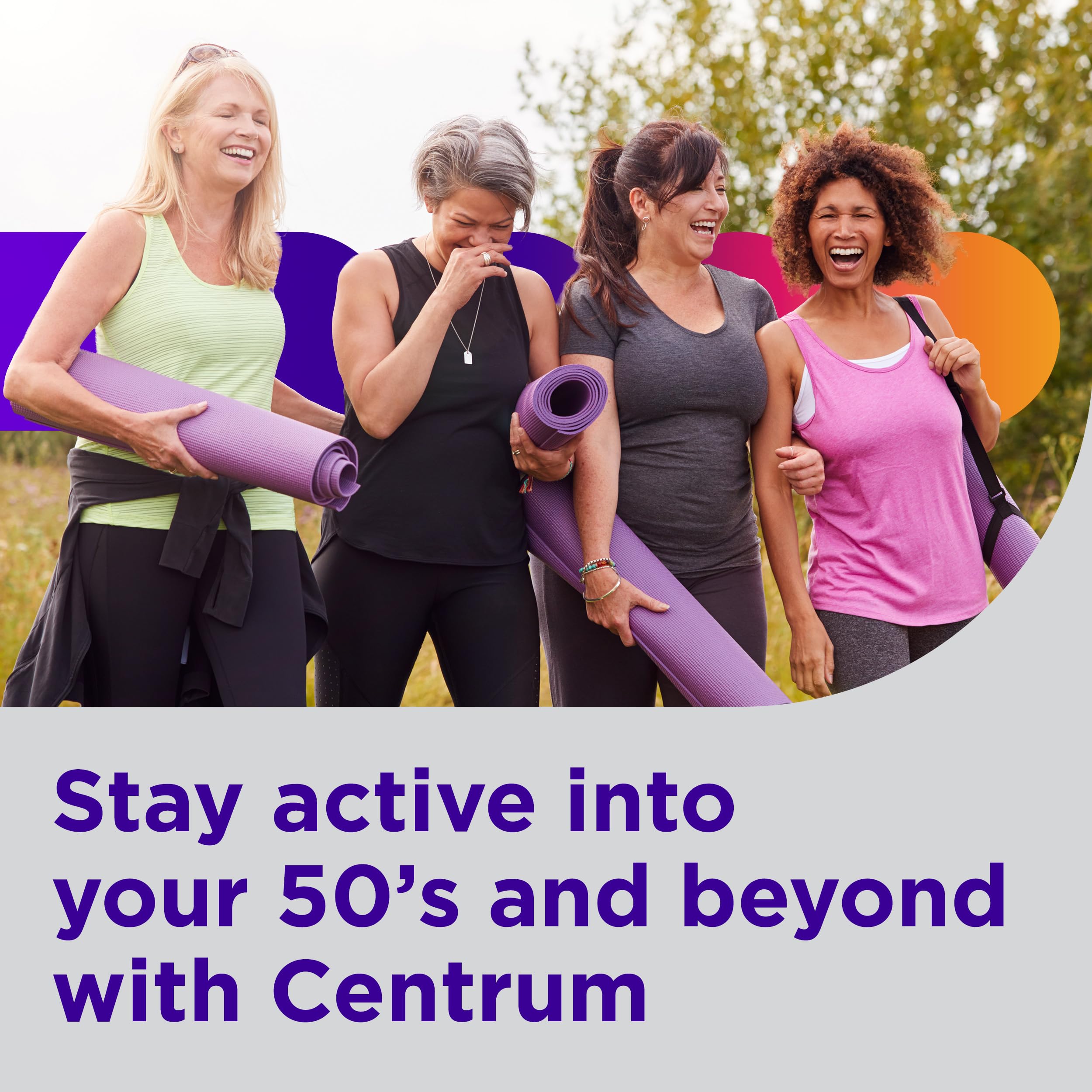 Centrum estilo de vida mujer 50+ usando suplemento para vitalidad