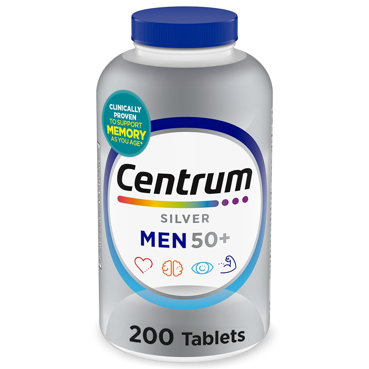 Centrum frasco frontal mostrando 200 tabletas y longitud del envase