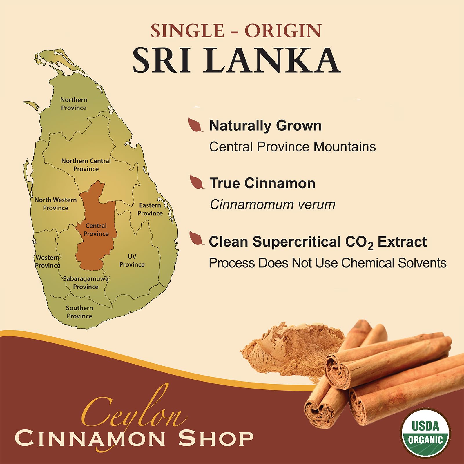 Ceylon Cinnamon Shop etiqueta con sellos USDA Organic y Fairtrade visibles