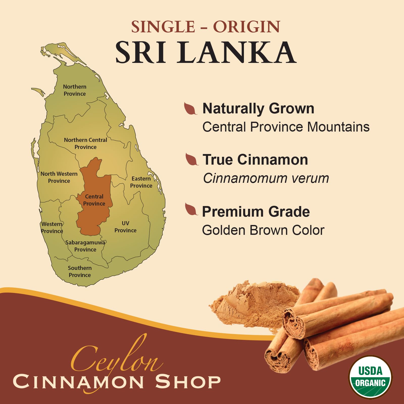 Ceylon Cinnamon Shop etiqueta con certificaciones USDA Organic y Fairtrade