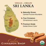 Ceylon Cinnamon Shop etiqueta con certificaciones USDA Organic y Fairtrade