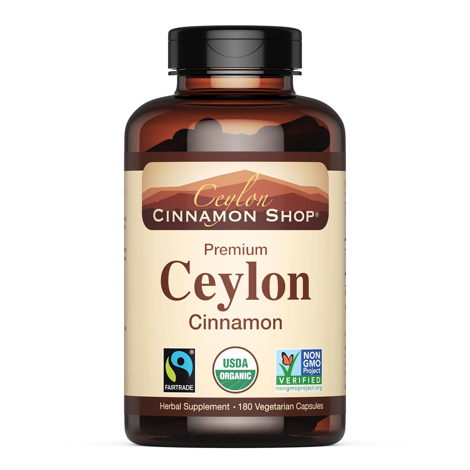 Ceylon Cinnamon Shop frasco frontal mostrando la etiqueta y beneficio de autenticidad