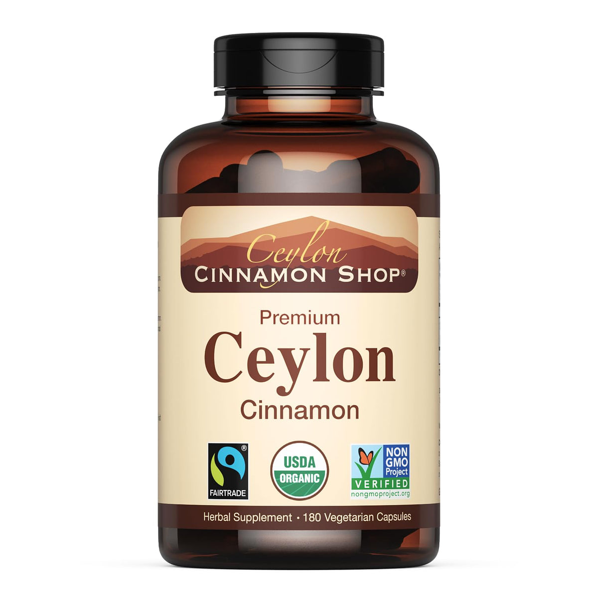 Ceylon Cinnamon Shop frasco frontal mostrando la etiqueta y beneficio de autenticidad