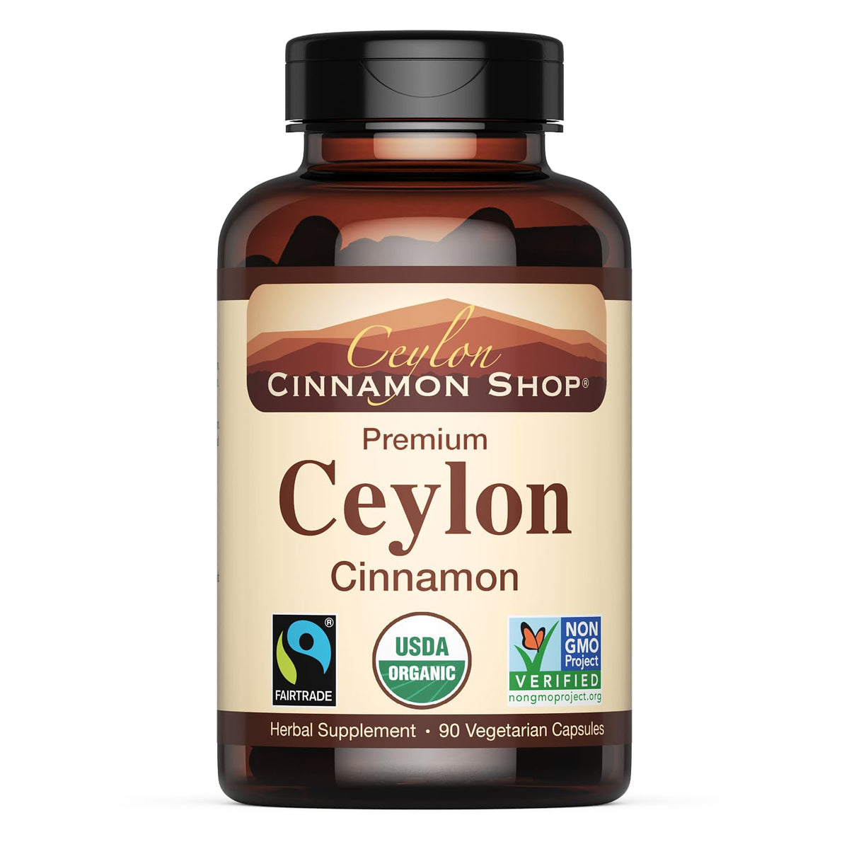 Ceylon Cinnamon Shop frasco frontal mostrando 90 cápsulas y sello orgánico