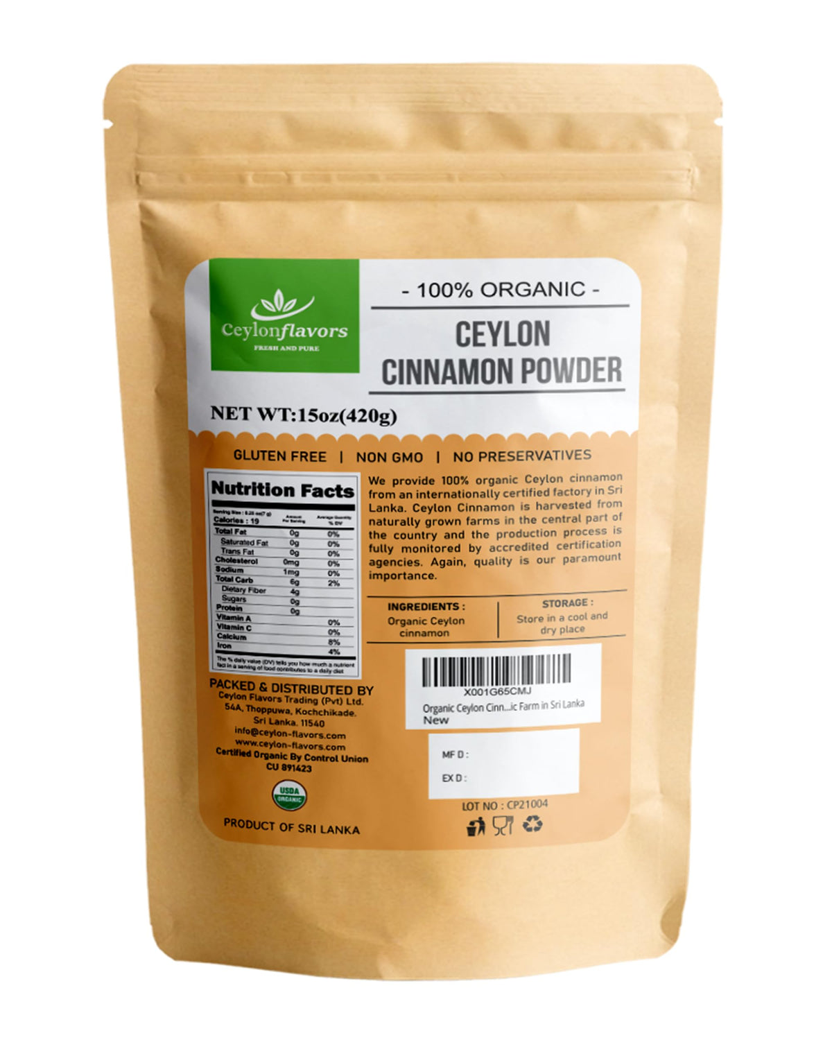 Ceylonflavors FRESH AND PURE envase frontal mostrando diseño y peso 15 oz