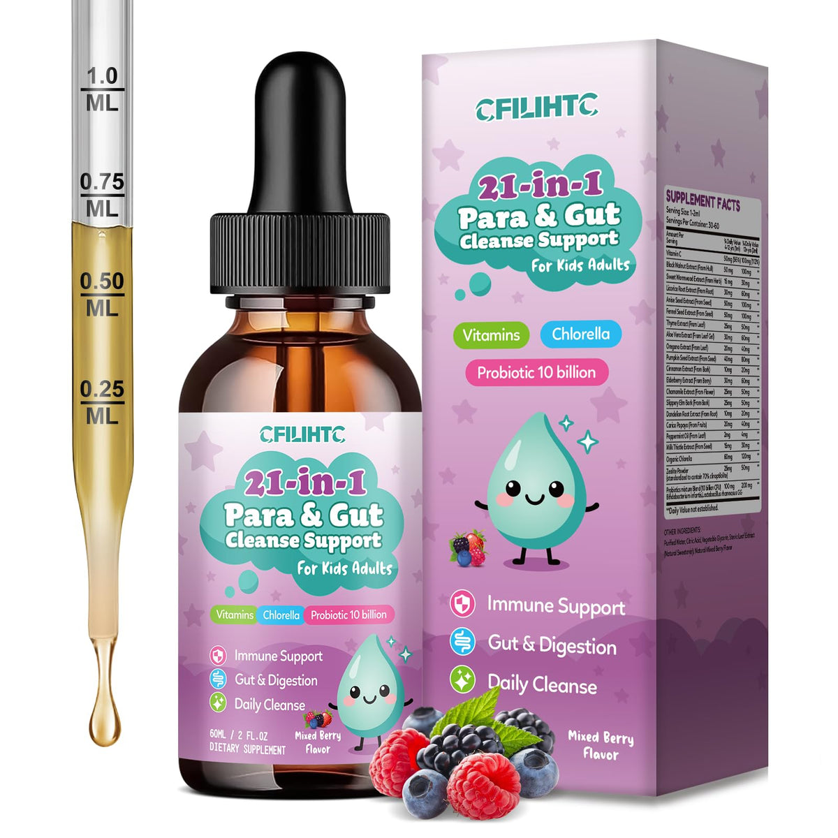 CFILIHTC frasco frontal 60 mL muestra formato líquido y sabor mezcla de bayas