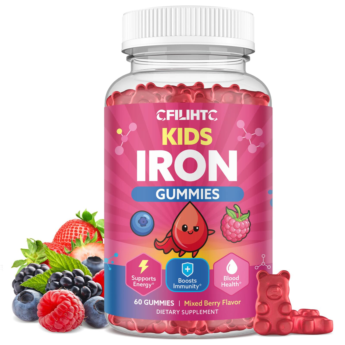 CFILIHTC frasco frontal de gomitas mixberry muestra envase y beneficios