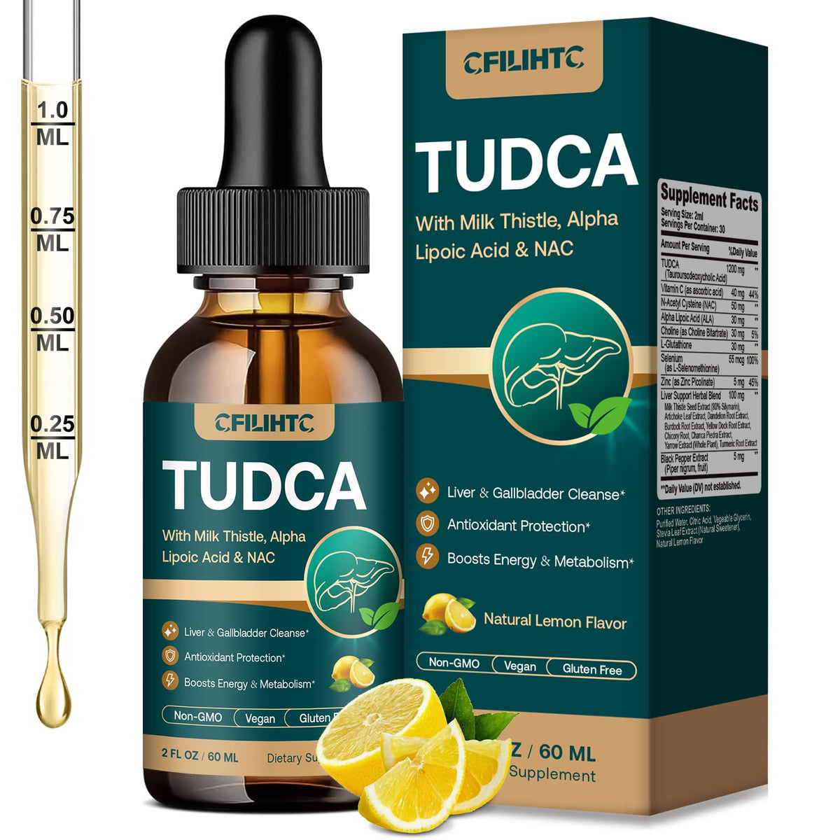 CFILIHTC botella frontal de TUDCA 1200mg mostrando presentación y sabor limón