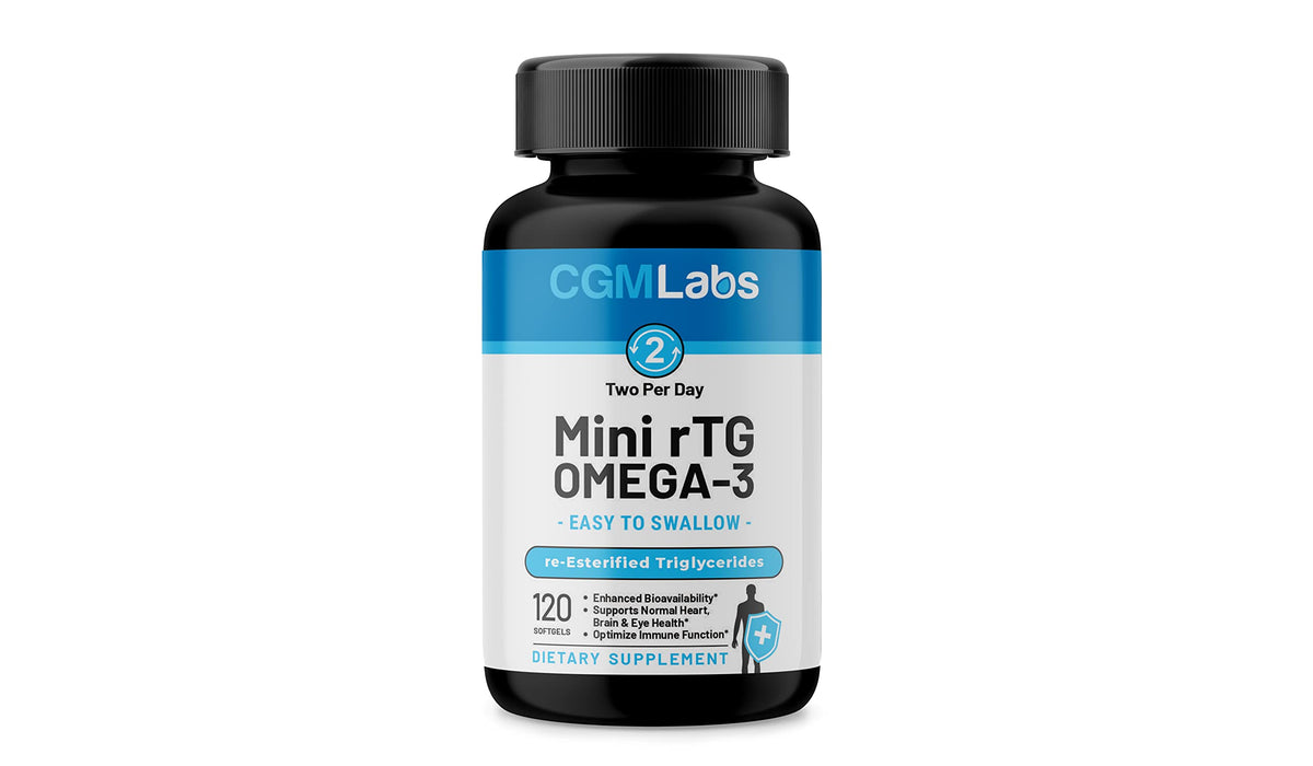 CGMLABS frasco delantero rTG Omega 3 mostrando el envase y concentración