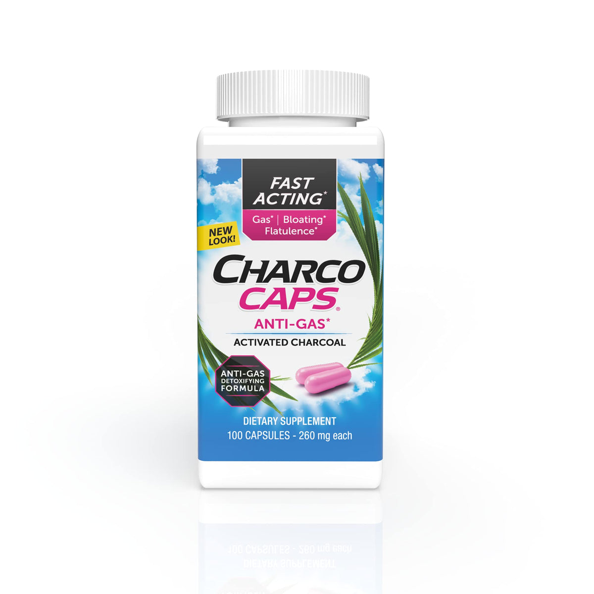 Charcocaps envase frontal mostrando 100 cápsulas y alivio rápido