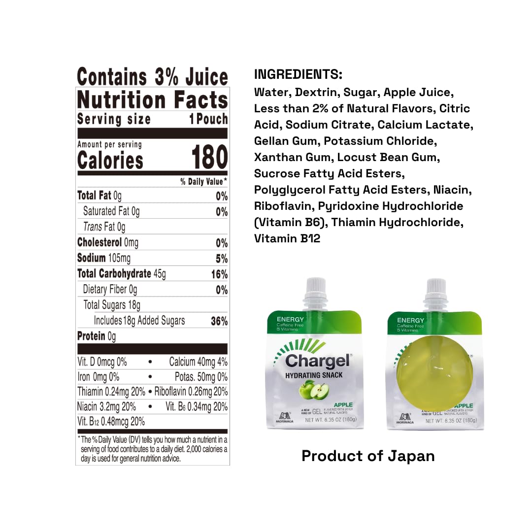 Chargel etiqueta con información nutricional que muestra calorías y vitaminas