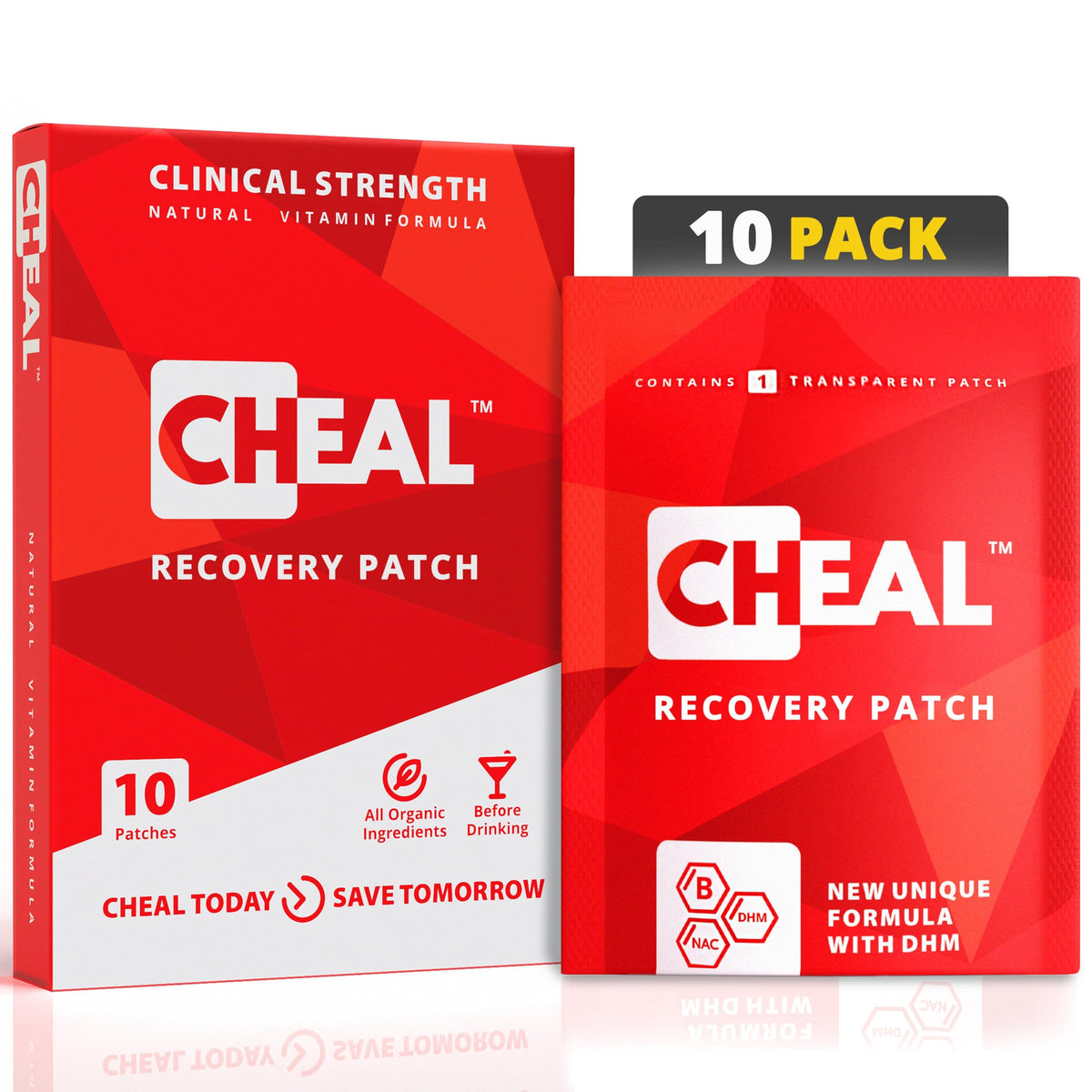 CHEAL embalaje frontal mostrando 10 parches, beneficio ahorro y conveniencia