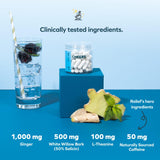Jengibre y corteza de sauce cerca del frasco Cheers Relief como ingredientes