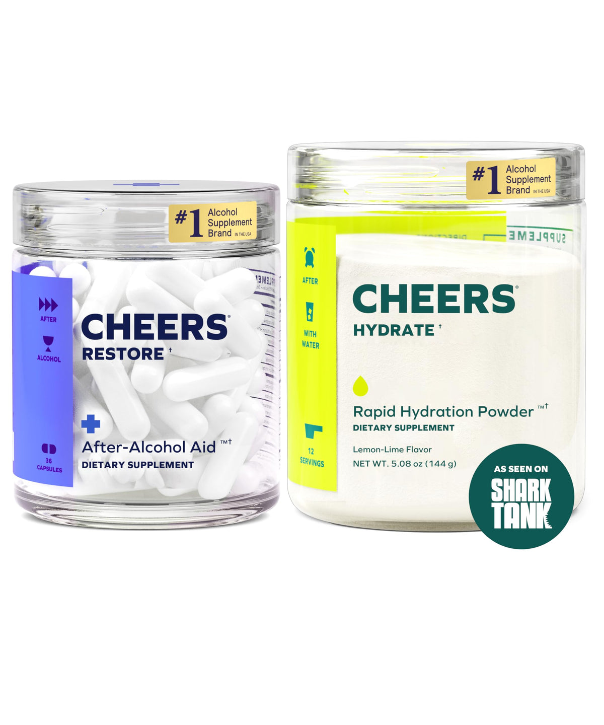 Cheers Restore y Hydrate en caja frontal mostrando dosis y beneficios visibles