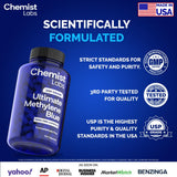 Chemist Labs cápsulas en mano ilustrando dosificación de 10 mg por cápsula