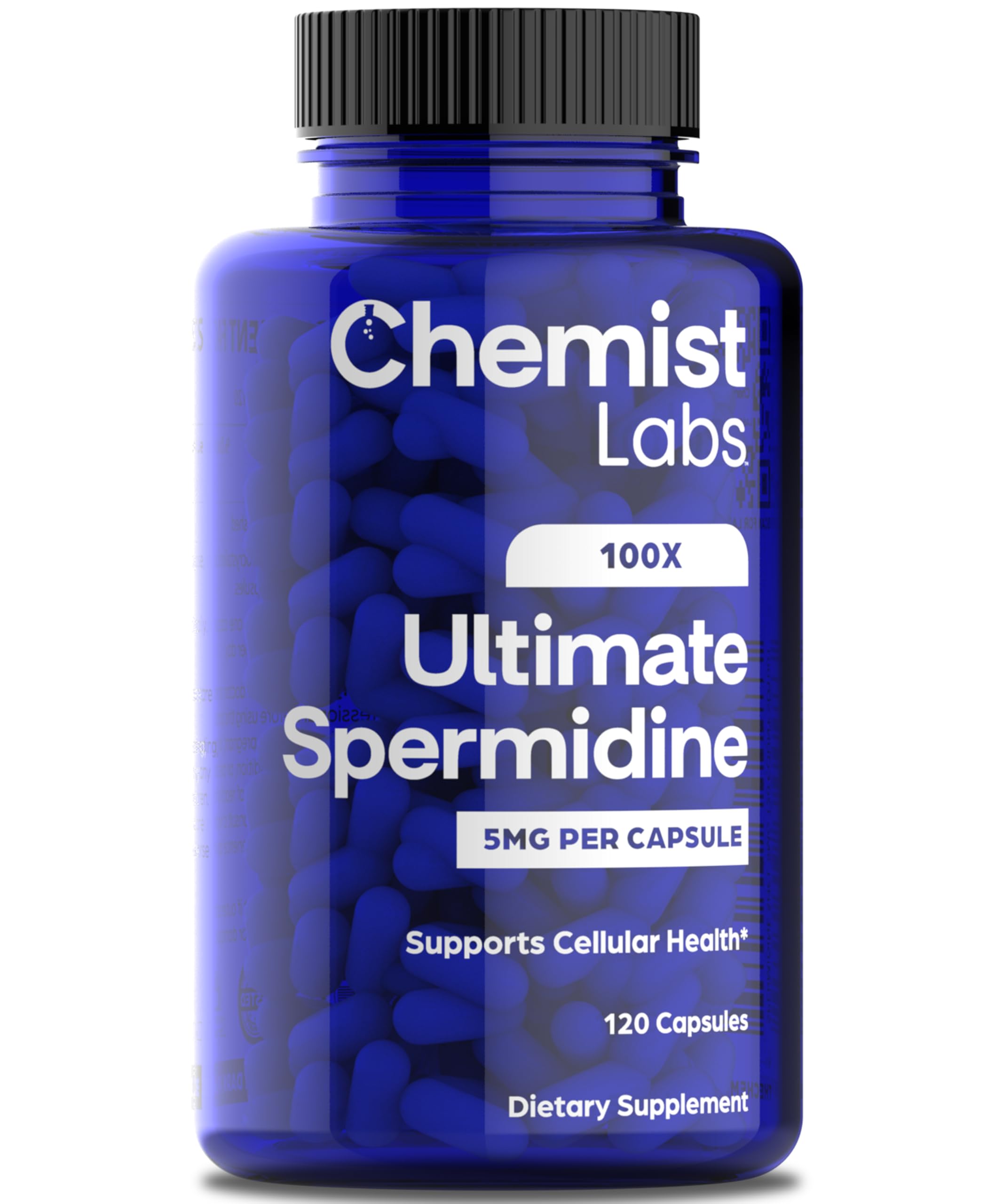 Chemist Labs frasco frontal mostrando 120 cápsulas y etiqueta clara, confianza en pureza