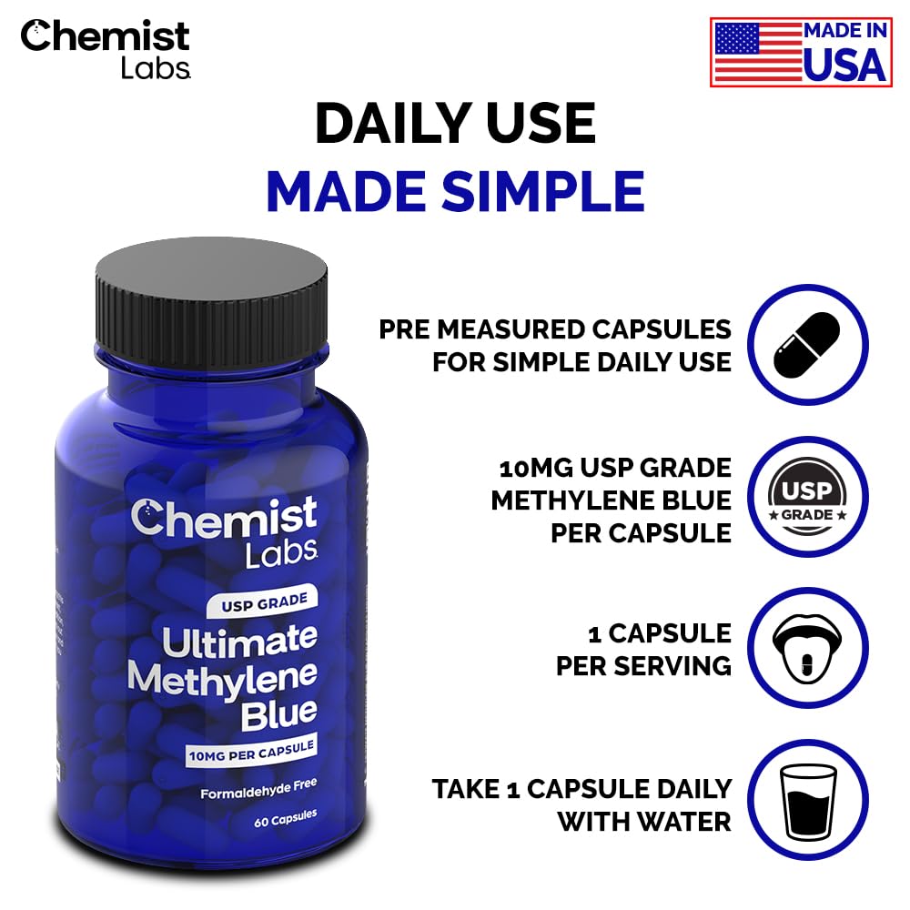 Chemist Labs primer plano de polvo azul de metileno mostrando textura pura