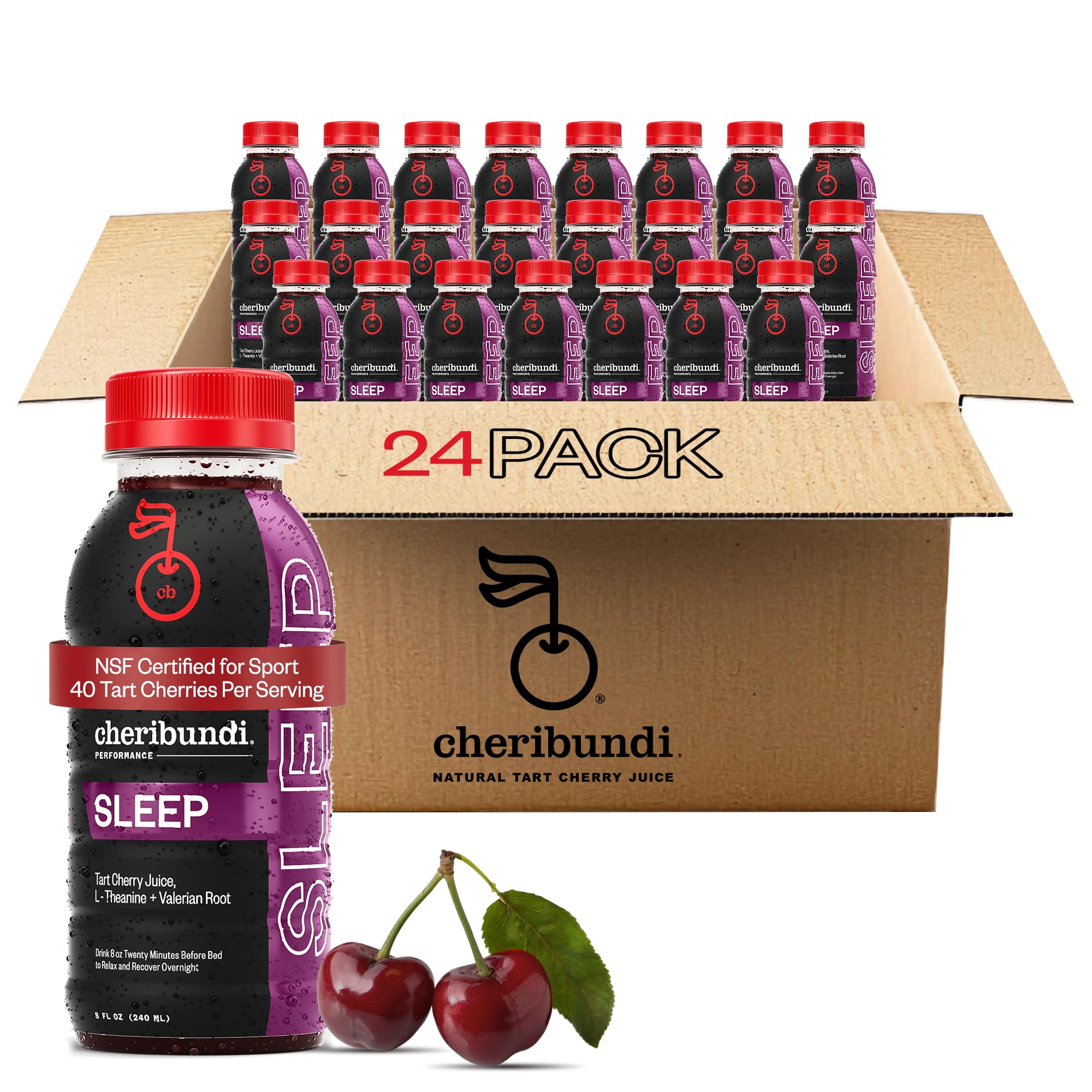 Cheribundi vista frontal del pack de 24 botellas, opción práctica para rutina nocturna