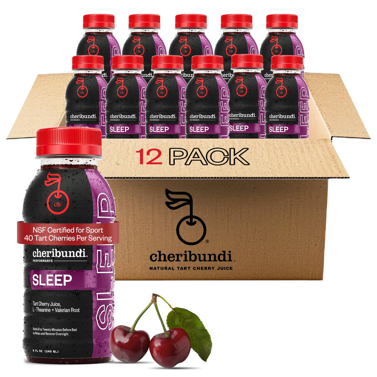 Cheribundi botella frontal 8 oz mostrando etiqueta y beneficio antioxidante