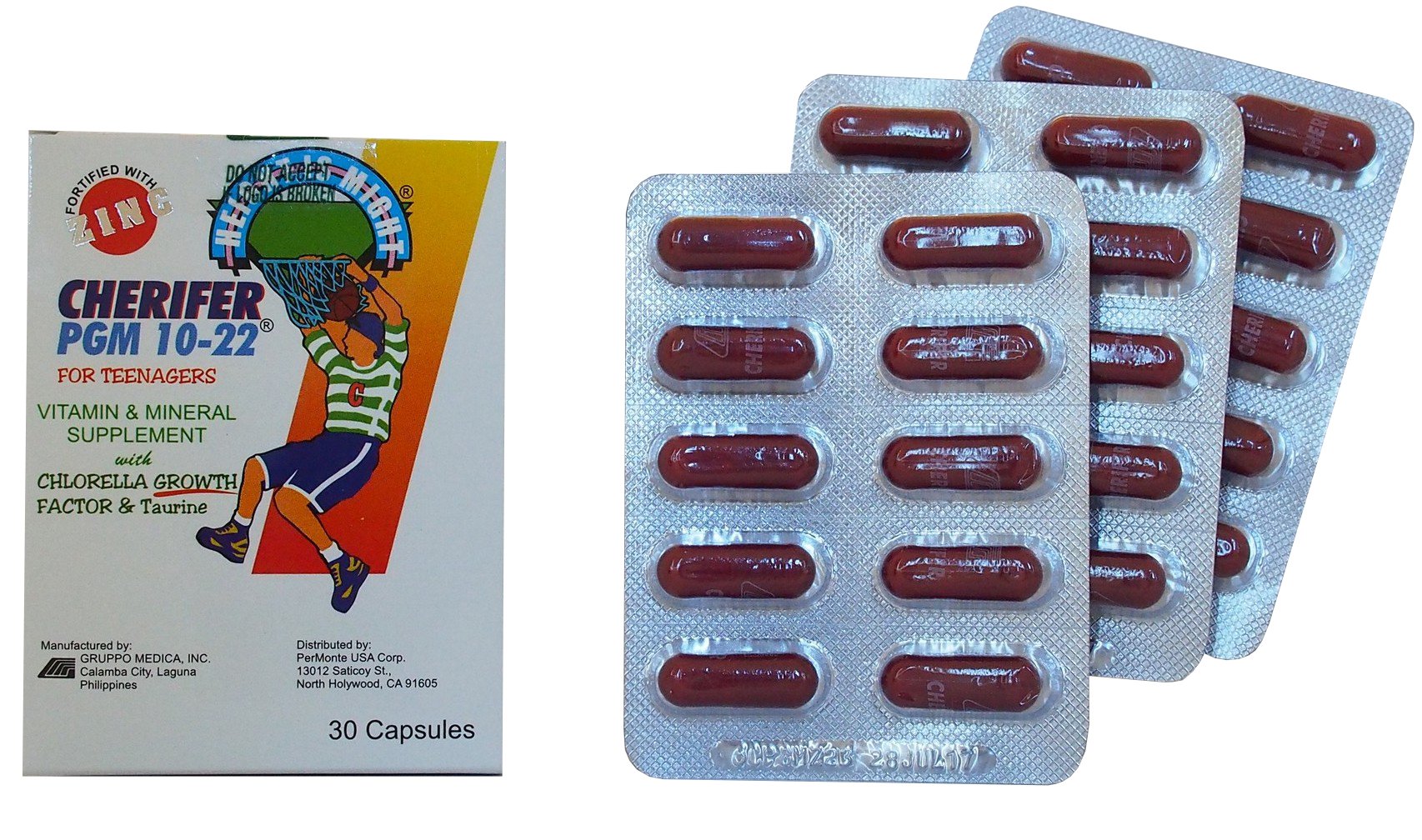 Cherifer PGM 10-22 frente del envase mostrando ingredientes clave para adolescentes