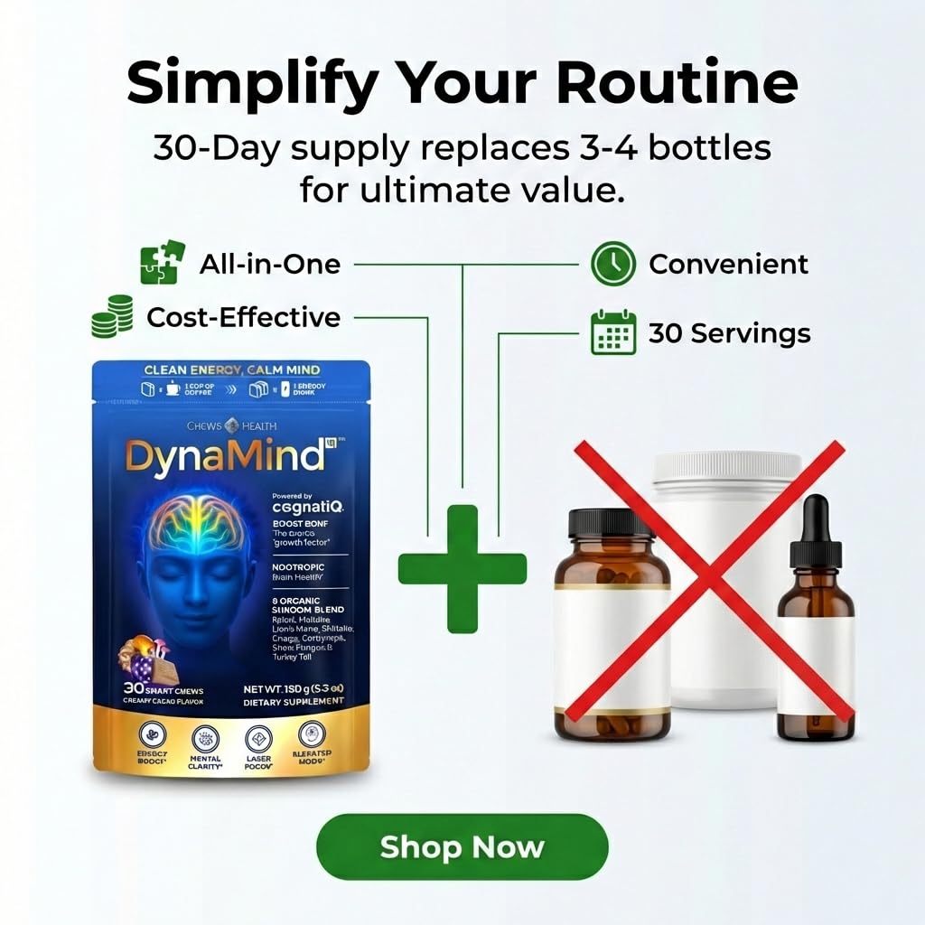 CHEWSHEALTH DynaMind iQ comparación de tamaño junto a objetos cotidianos