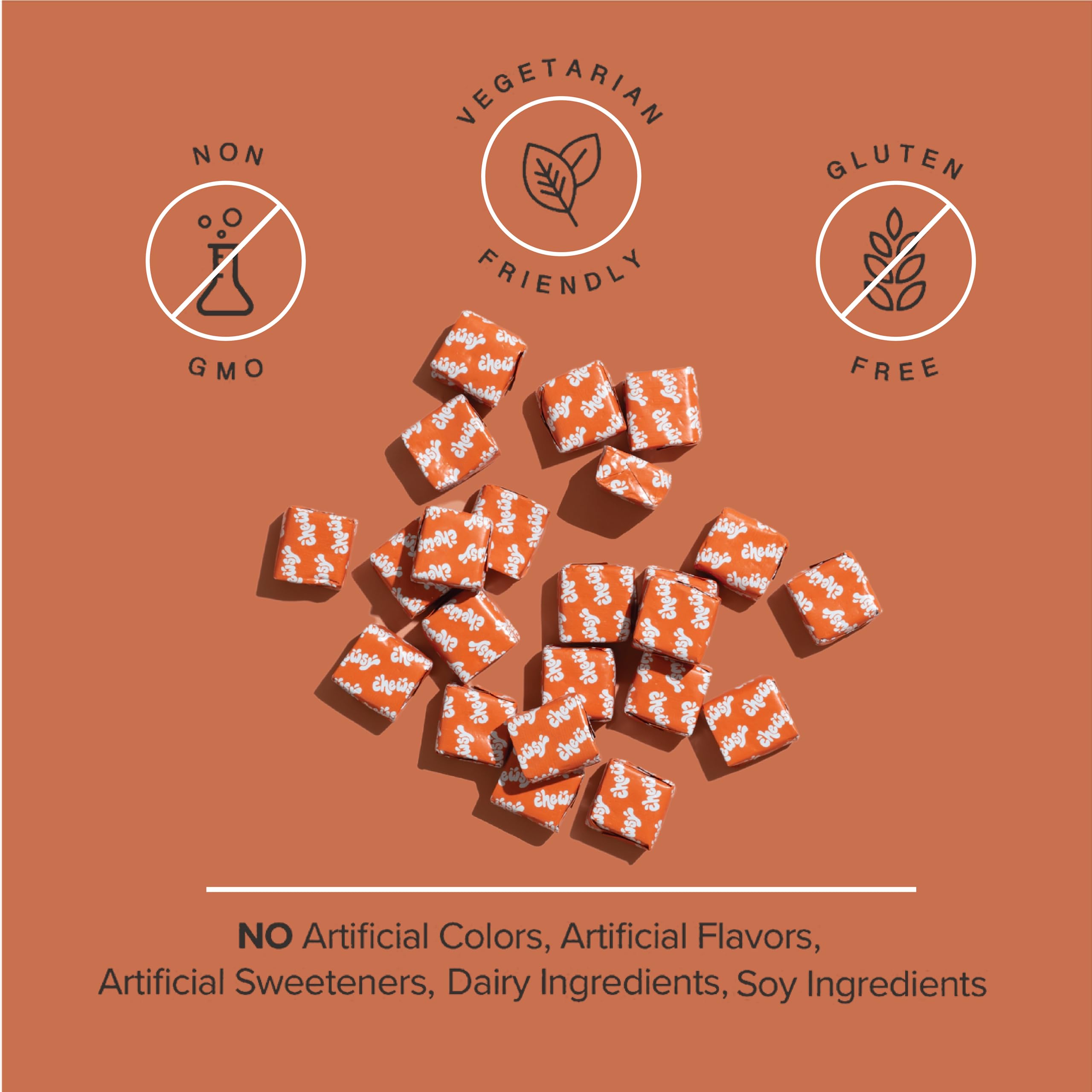 CHEWSY etiqueta y panel nutricional que muestra ingredientes clave