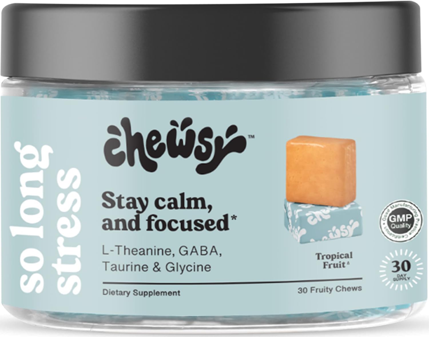 CHEWSY empaque frontal que muestra gominolas calmantes y beneficio práctico