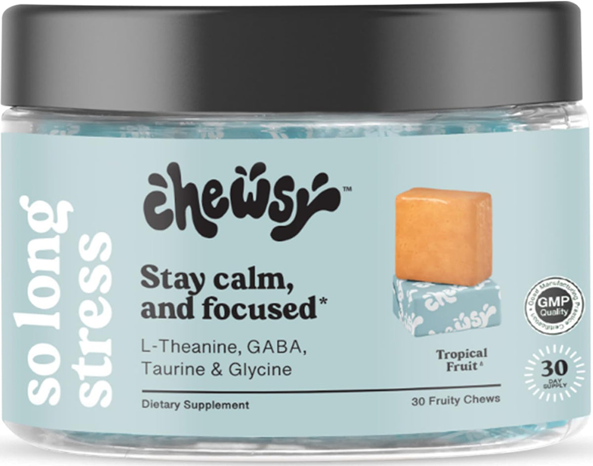 CHEWSY empaque frontal que muestra gominolas calmantes y beneficio práctico