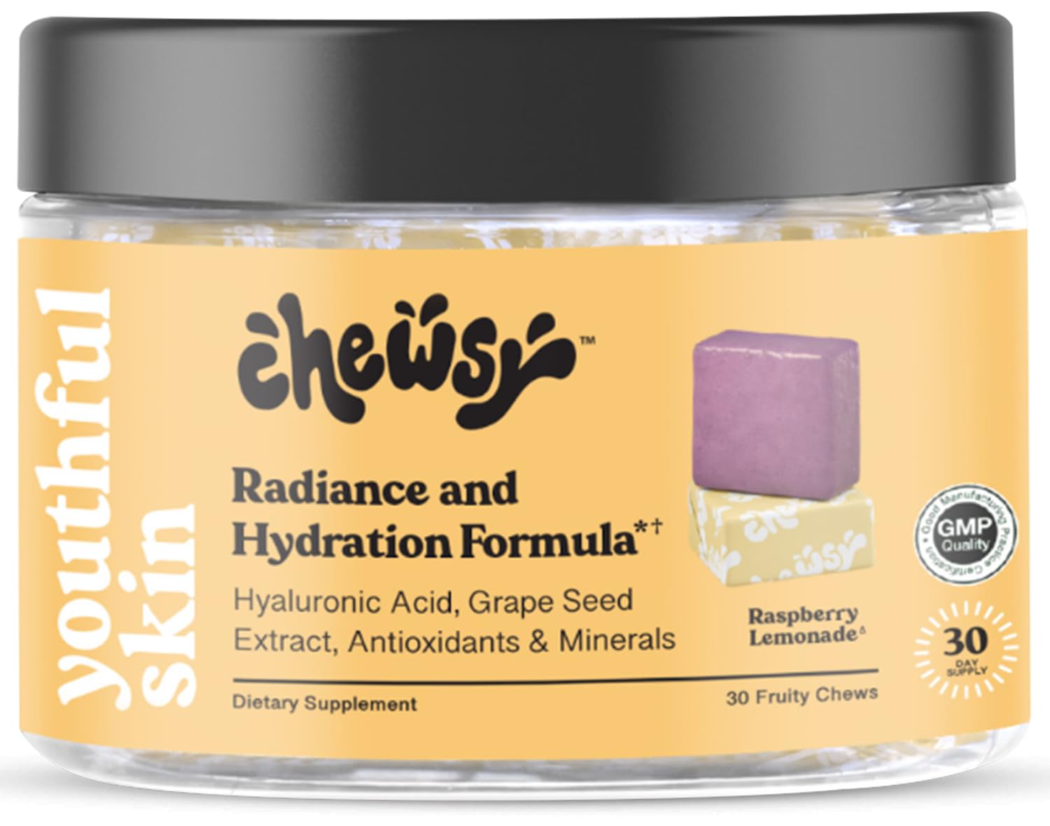 CHEWSY frontal del envase mostrando diseño y sabor raspberry lemonade beneficios prácticos