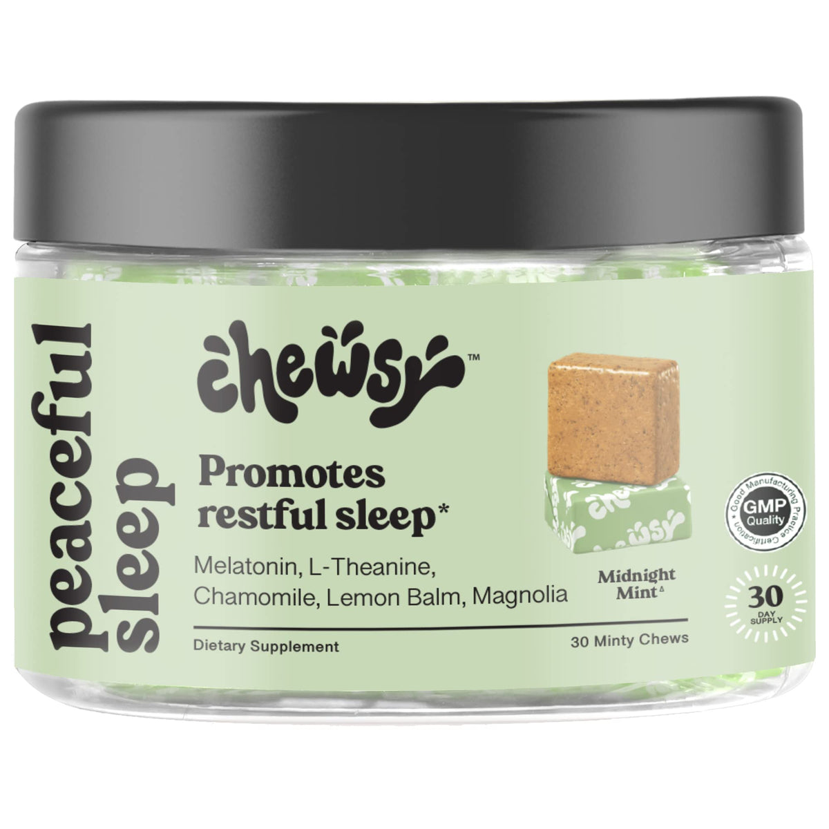 Chewsy envase frontal mostrando 30 días y beneficios de sueño
