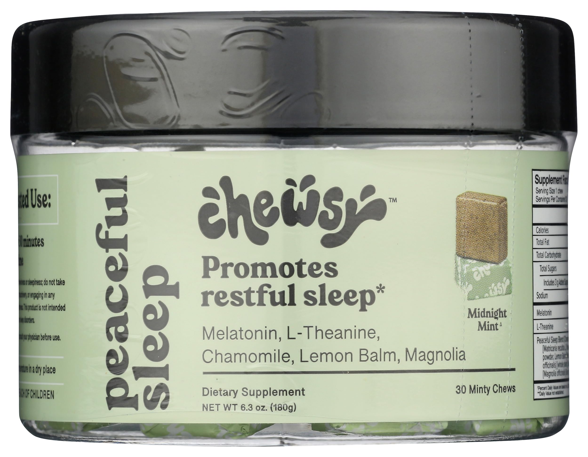 Chewsy etiqueta con lista de ingredientes botánicos y beneficios