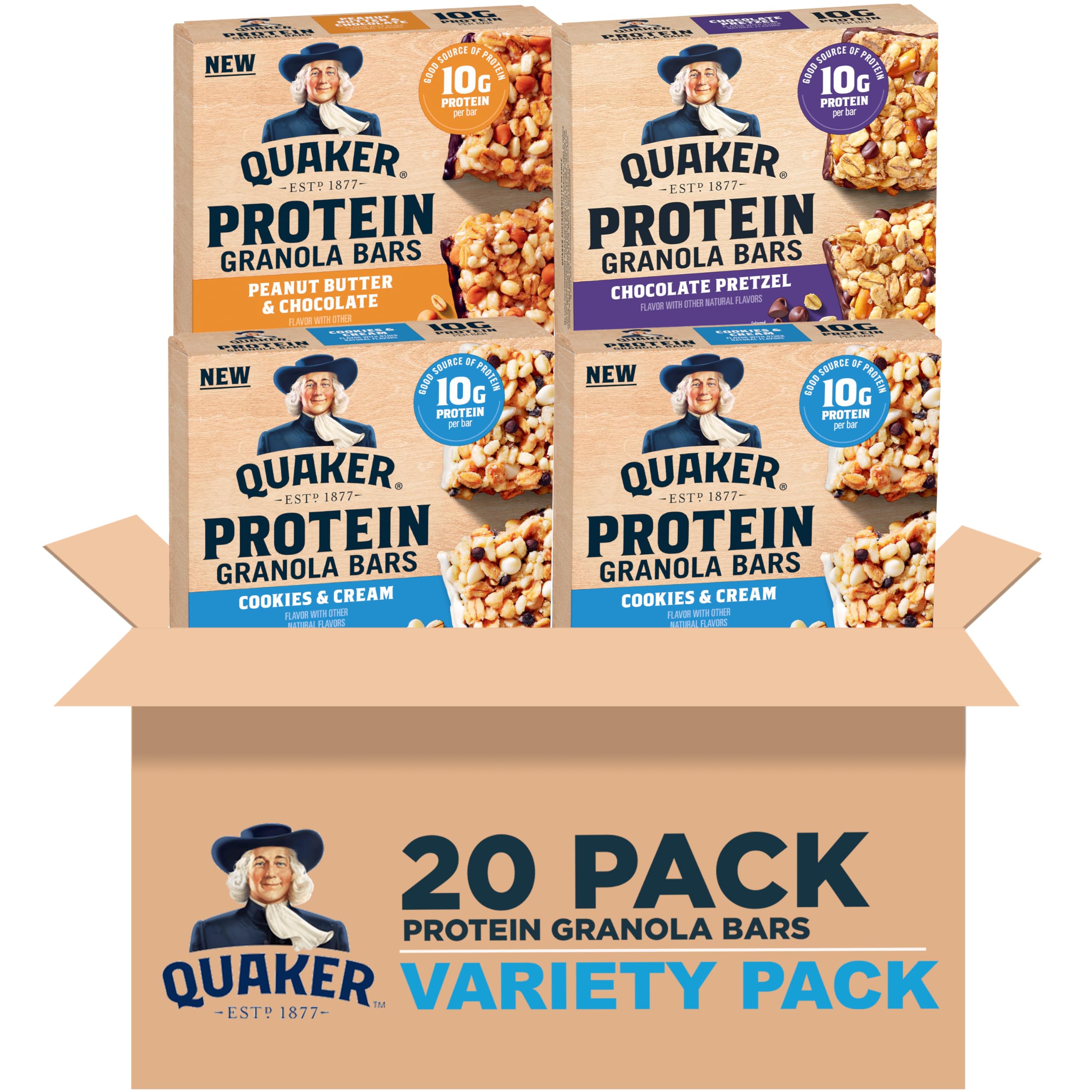Chewy Quaker paquete frontal mostrando variedad y conveniencia