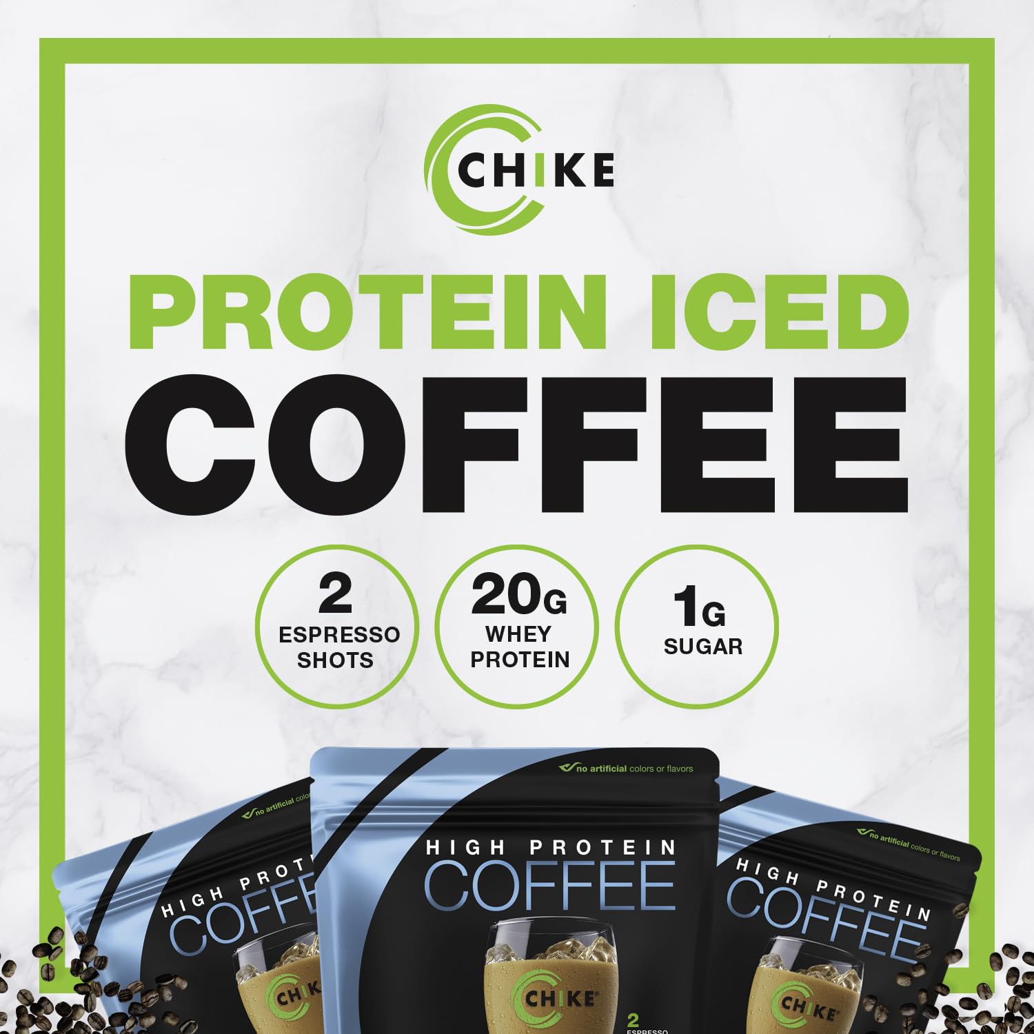 Chike detalle de la etiqueta nutricional que resalta proteína y cafeína