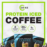 Chike detalle de la etiqueta nutricional que resalta proteína y cafeína