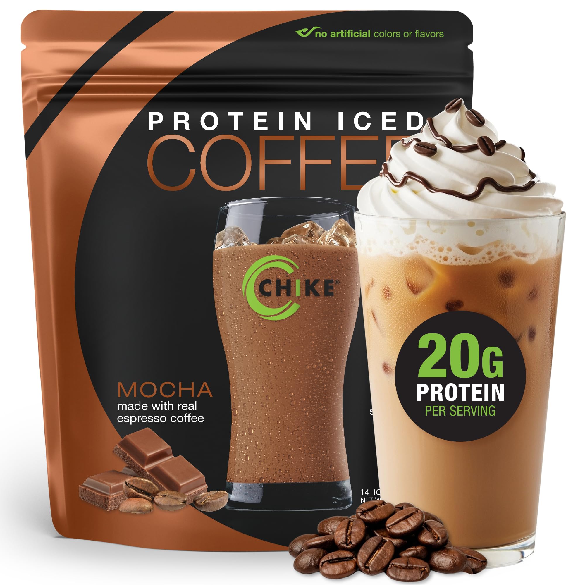 Chike envase frontal mostrando sabor mocha y beneficio proteico claro