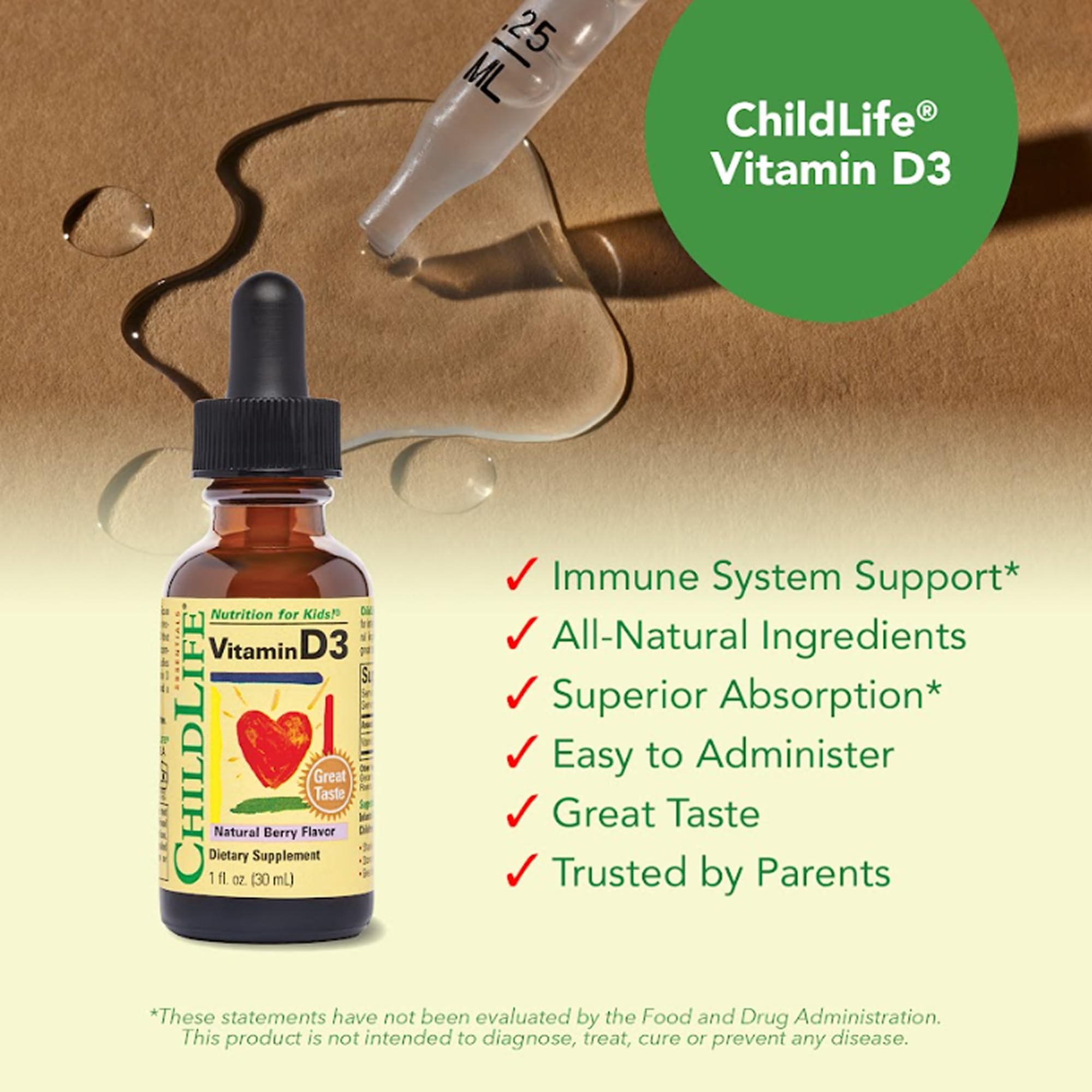 CHILDLIFE ESSENTIALS etiqueta con información nutricional y dosis para referencia rápida de cuidadores