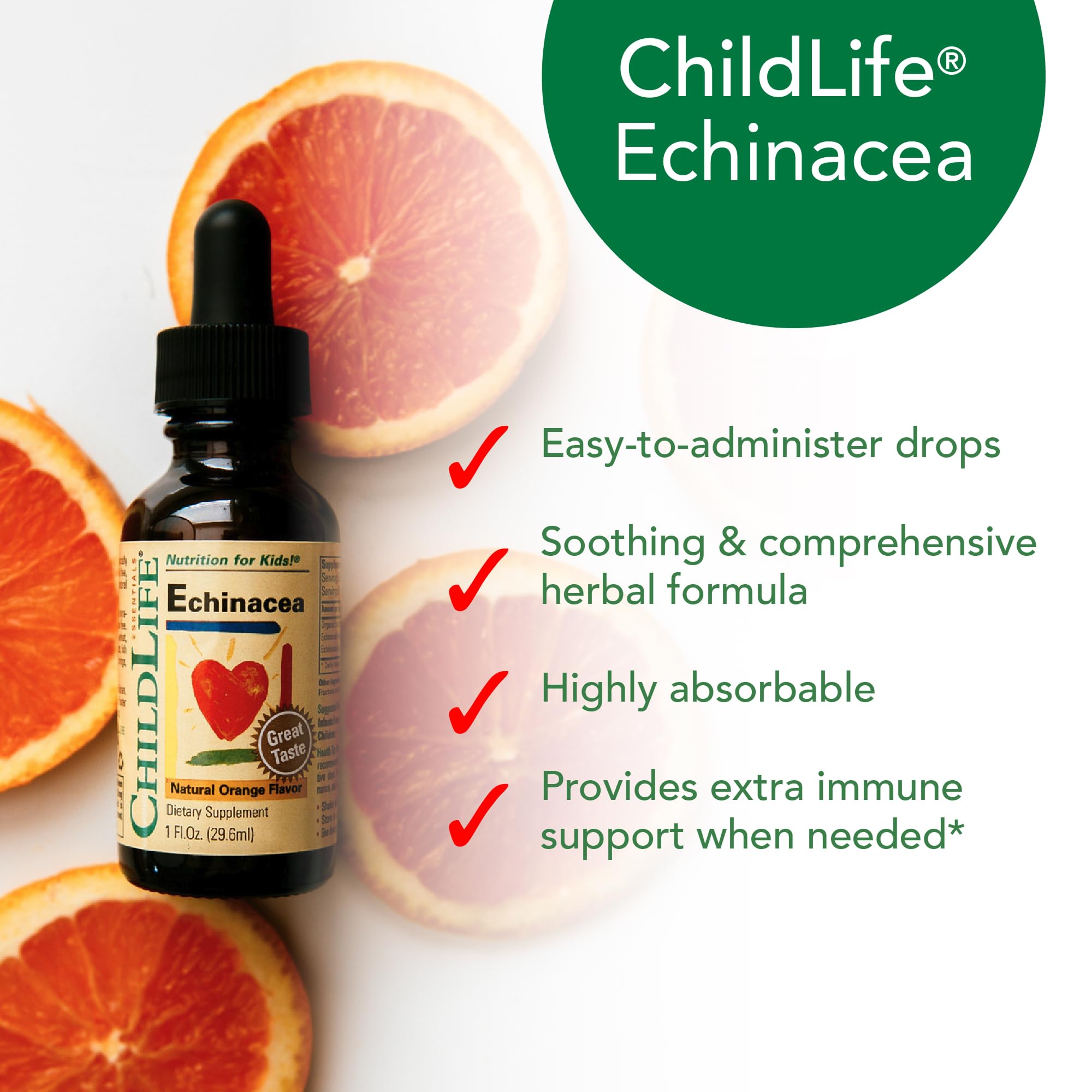 CHILDLIFE ESSENTIALS etiqueta con ingredientes y dosificación, información clara