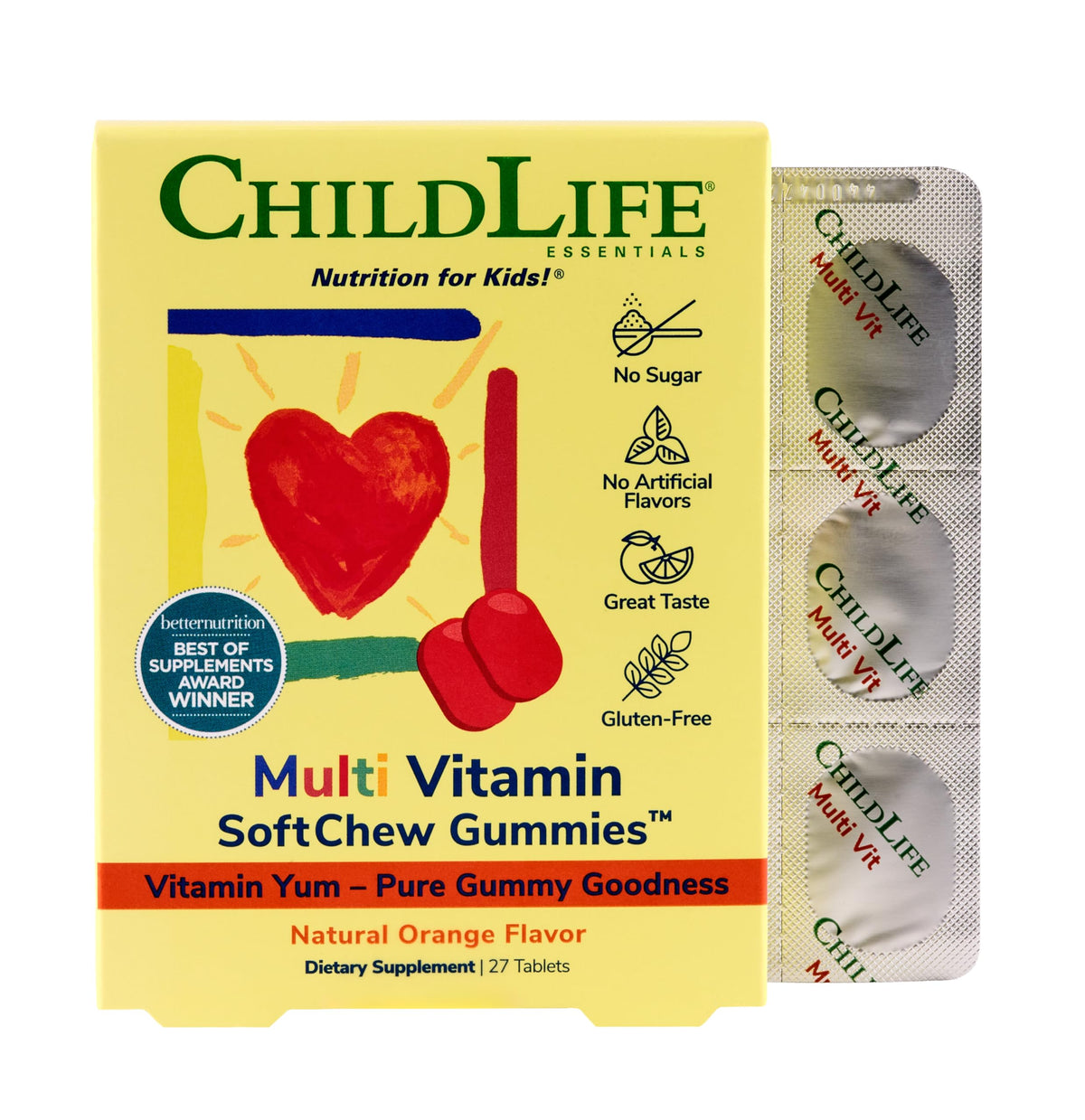 CHILDLIFE ESSENTIALS empaque frontal que muestra sabor y beneficio nutricional