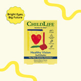 CHILDLIFE ESSENTIALS ingredientes listados con iconos de luteína vitamina A y bilberry para soporte visual