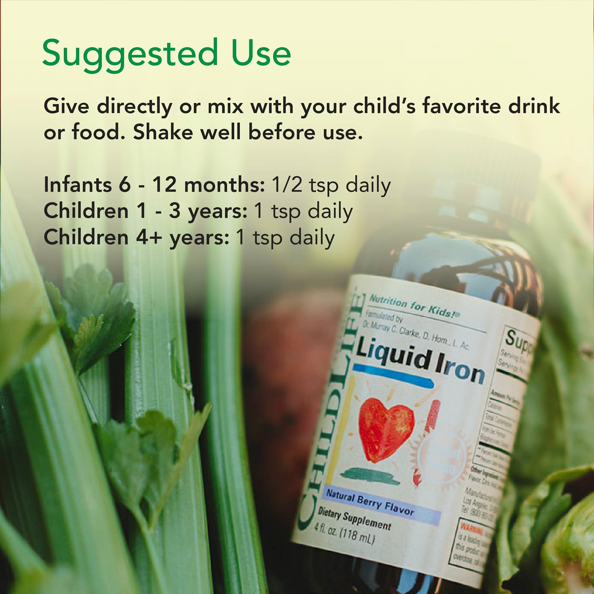 ChildLife Essentials botella junto a ingredientes, fórmula pensada para niños