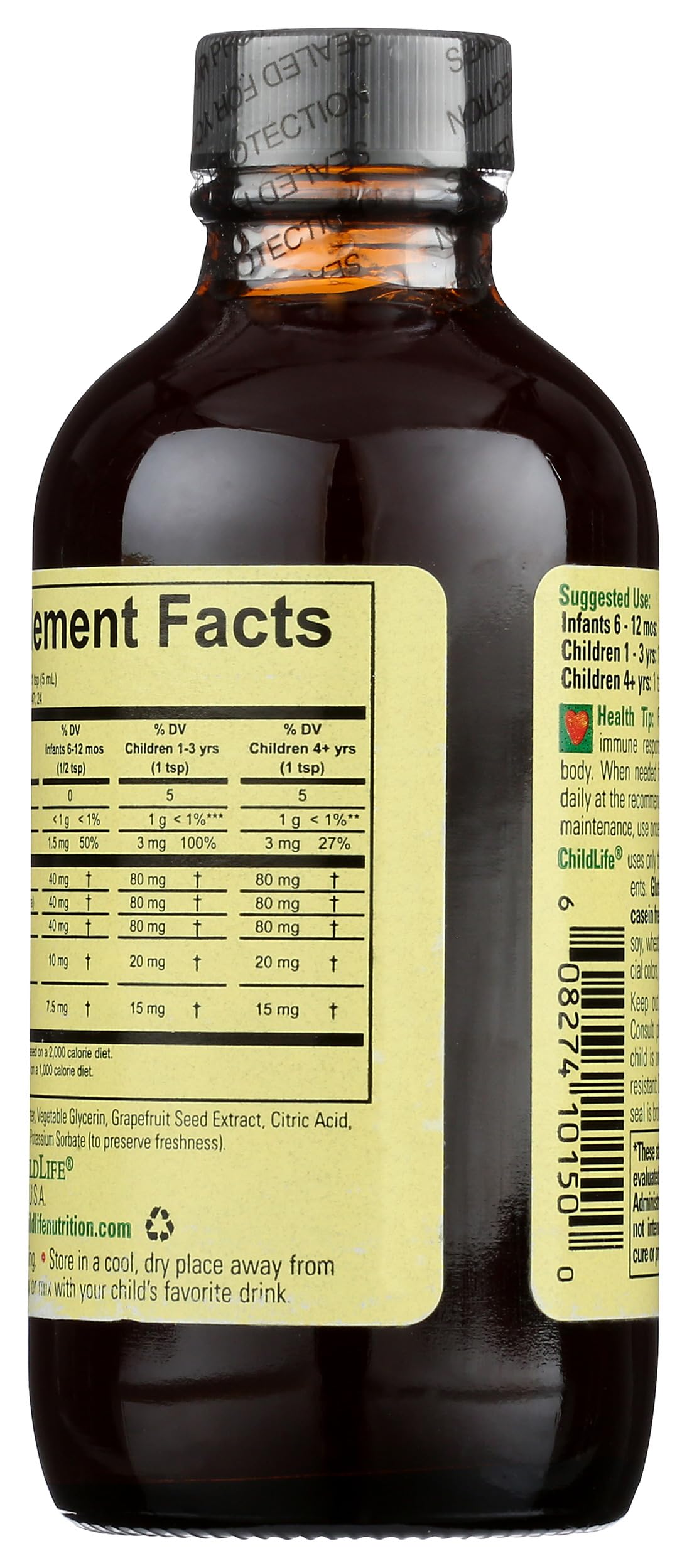 ChildLife Essentials etiqueta detallada con ingredientes y dosificación, claridad informativa