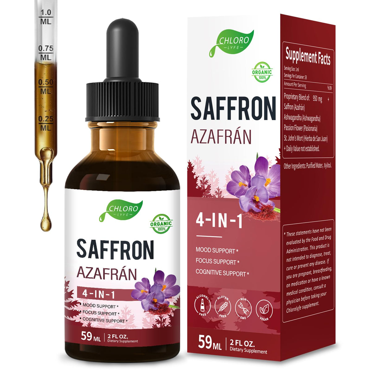 CHLORO vista frontal del envase mostrando el extracto de azafrán y beneficios