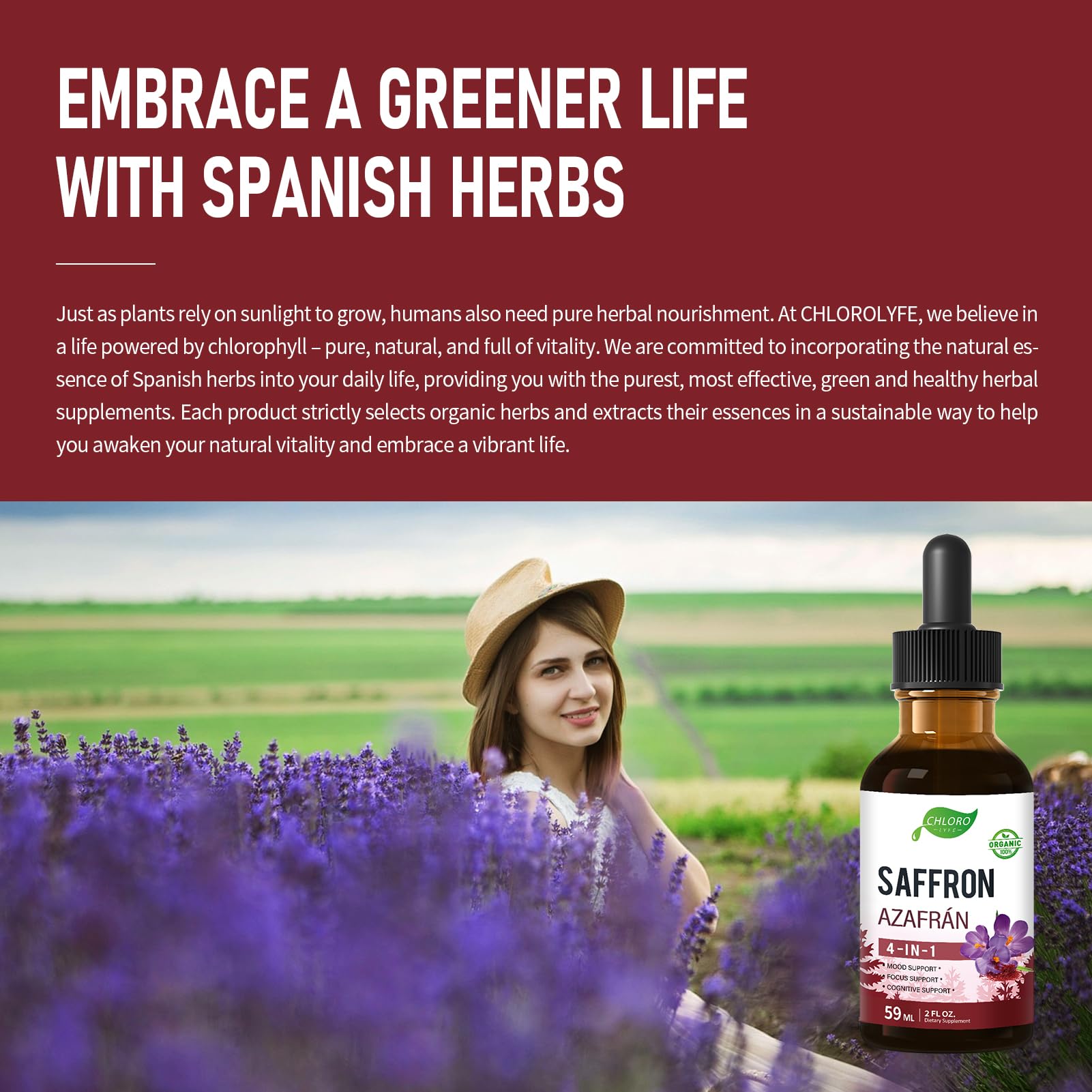 CHLORO hierbas orgánicas en campo destacando origen sostenible y pureza