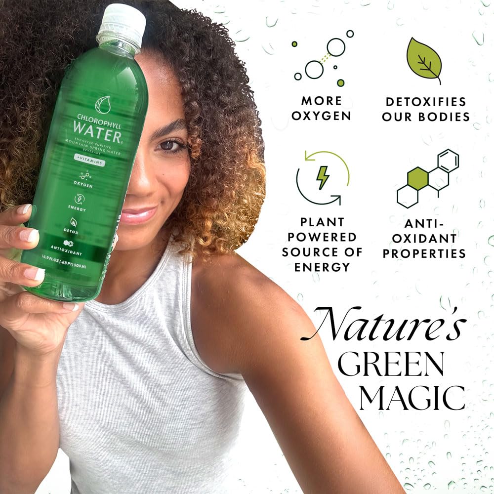 Chlorophyll Water detalle de la etiqueta transparente y certificación Clean Label