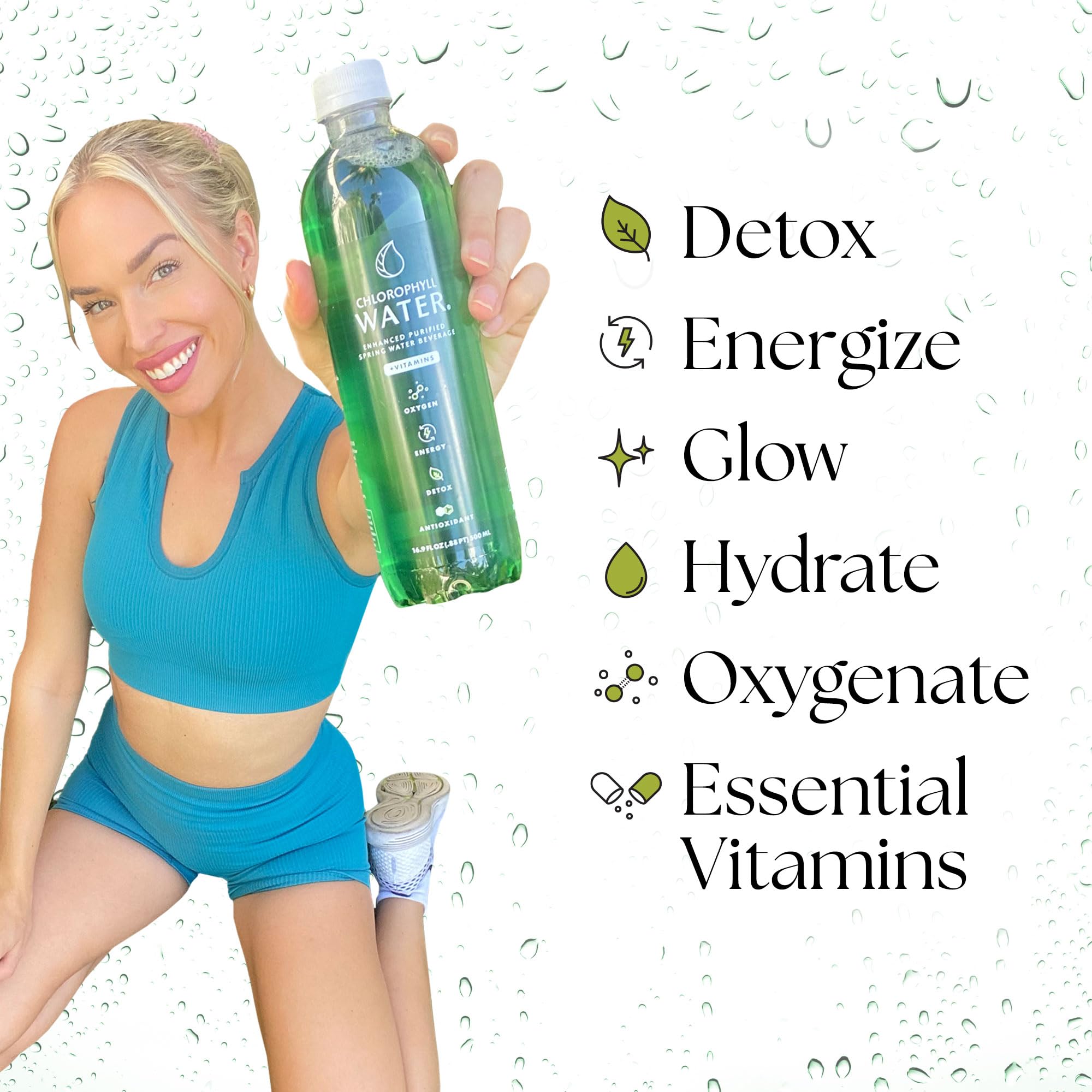 Chlorophyll Water botella en mano mostrando tamaño práctico y portable