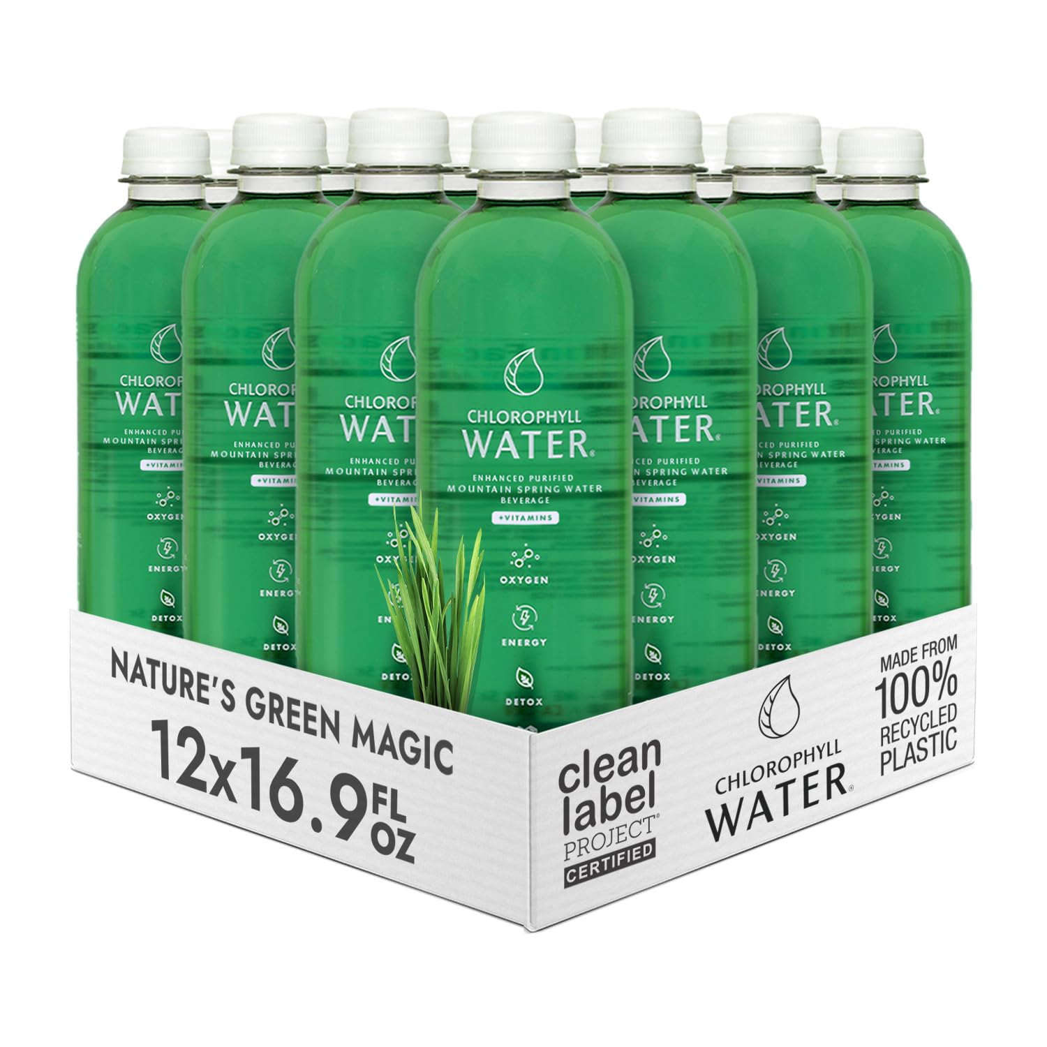 Chlorophyll Water vista frontal del paquete con botellas, hidratación limpia