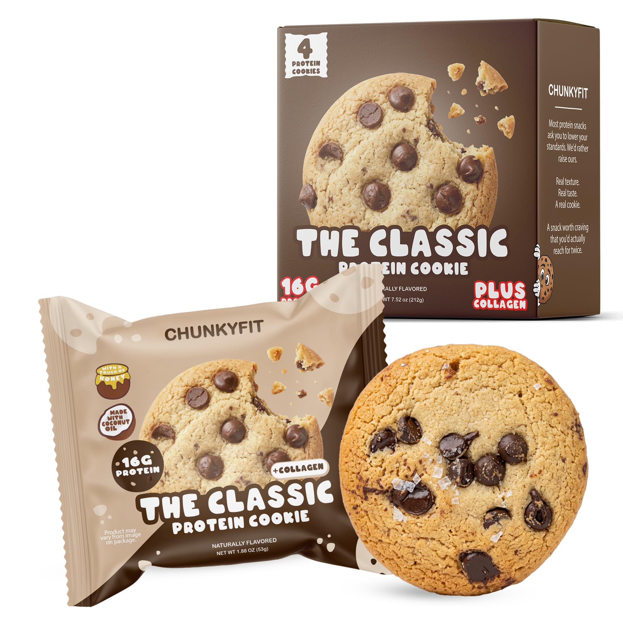 CHUNKYFIT frente del empaque mostrando 4 galletas, conveniencia y proteína