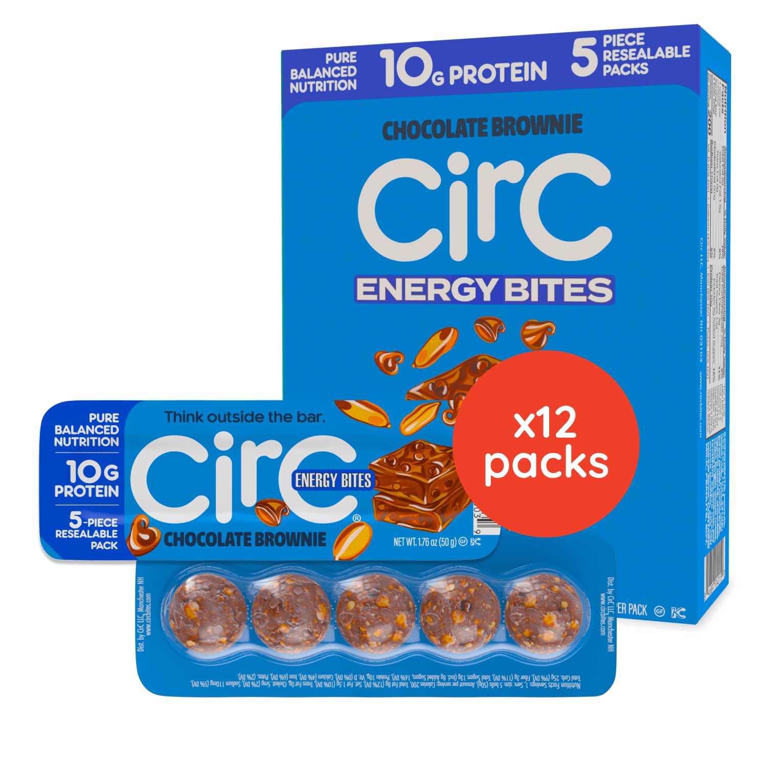 CirC empaque frontal Chocolate Brownie mostrando 12 paquetes y beneficios