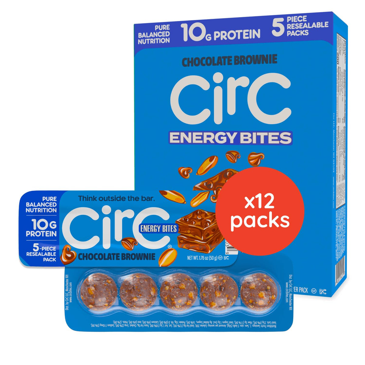 CirC empaque frontal Chocolate Brownie mostrando 12 paquetes y beneficios