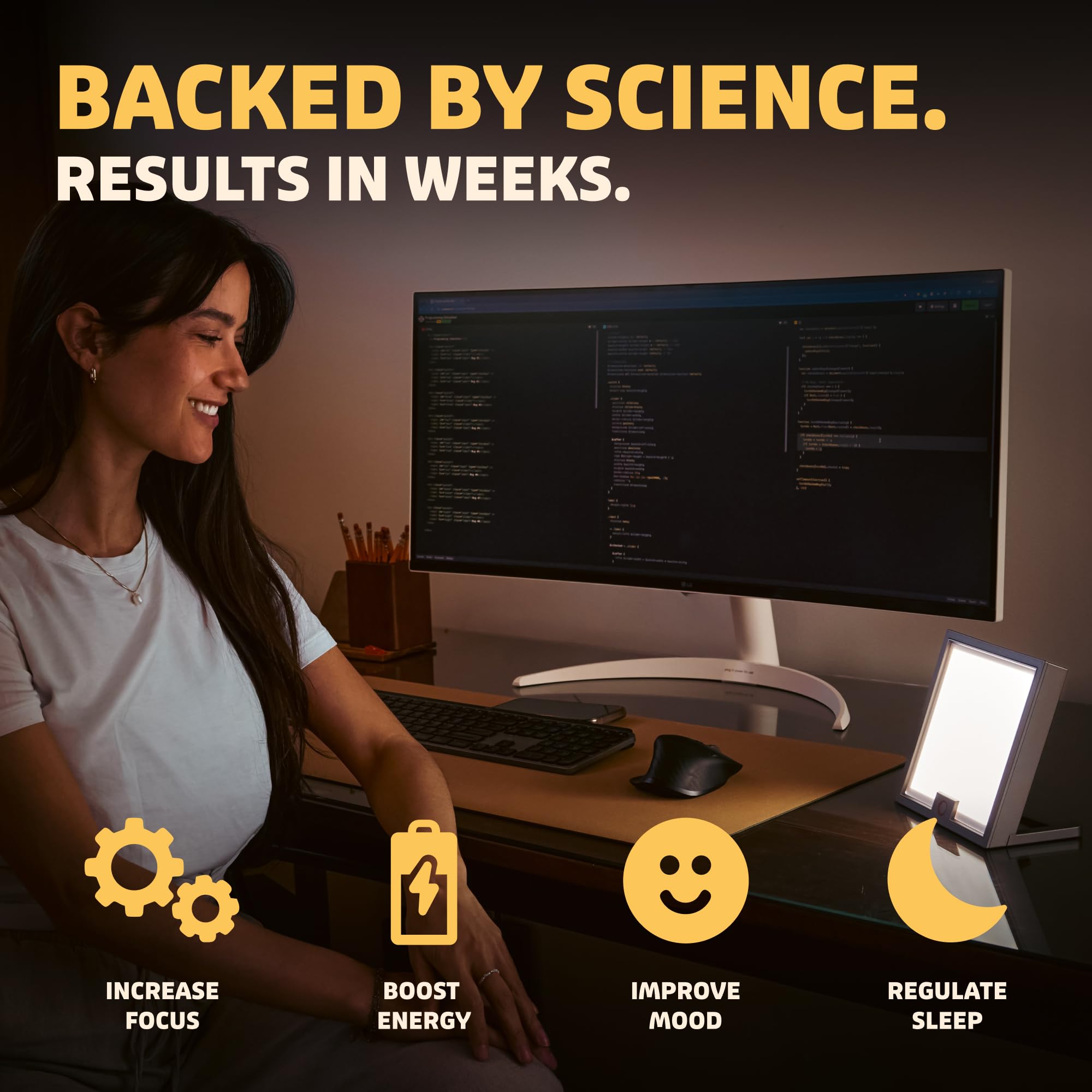 Circadian Optics Lumine sobre escritorio demostrando uso diario práctico
